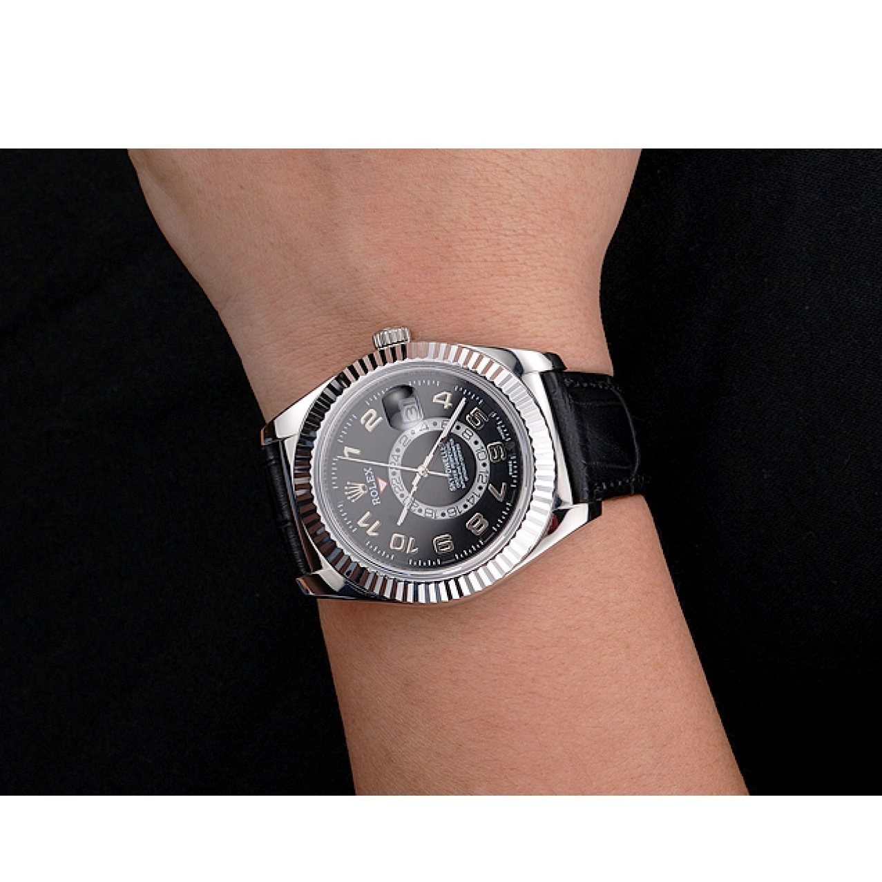 Aaa replica watch Dial Dweller Steel Black Leather Black Rolex Strap Stainless Sky Case 0729